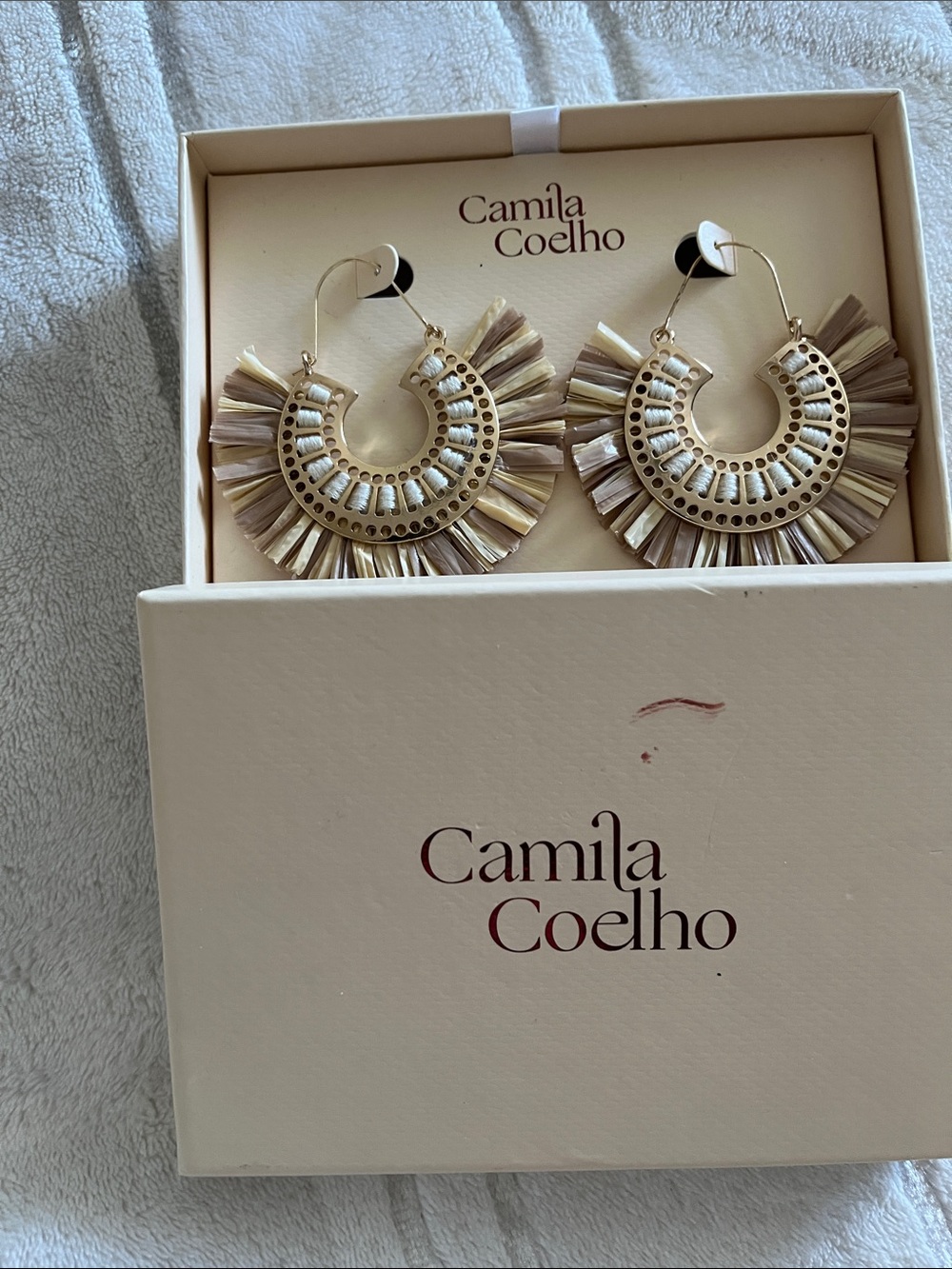 Camila Coelho Gold and Beige Raffia Fan Hoop Earrings